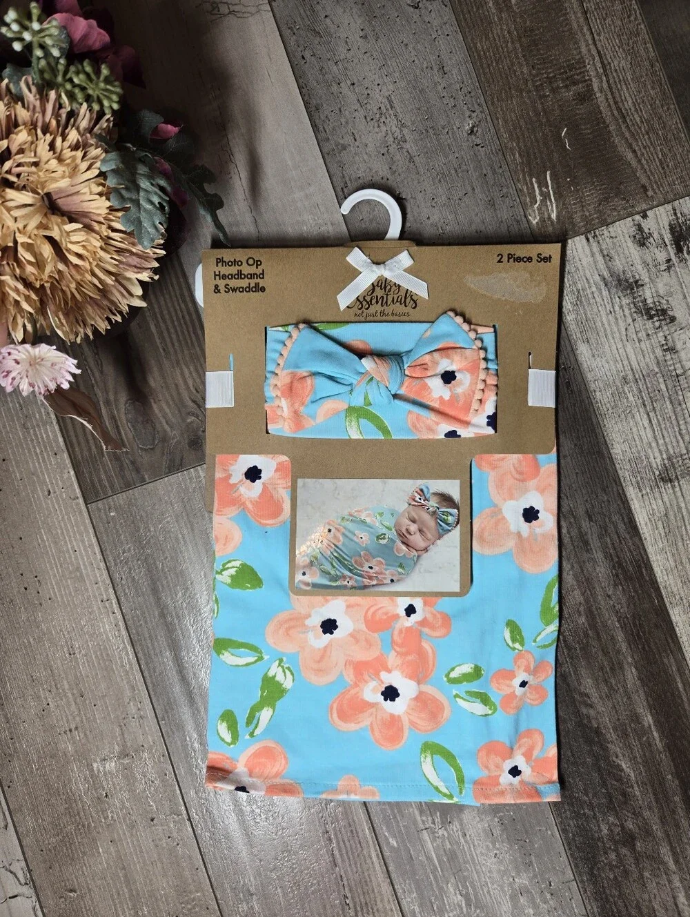 NWT Baby Essentials Floral Headwrap & Swaddle Set – Aqua, Peach, Green 2PC Set